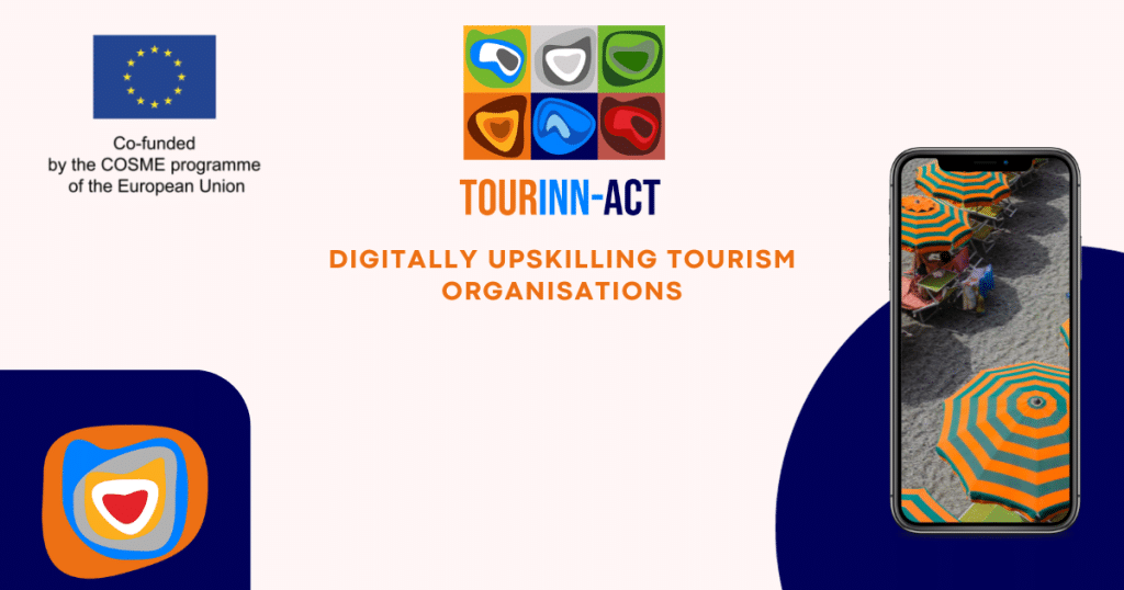 TourINN-act project leaflet with a mobile phone and the logo of the project as well as the logo of the COSME project of the European Union