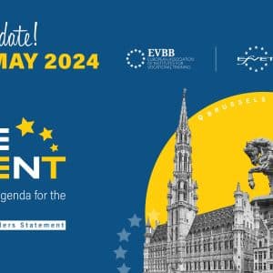 The Event graphic save the date. It shows an image of the town hall in grand place, Brussels as well as the name of the event, the dates and the logos of the three associations, EfVET, EVTA and EVBB